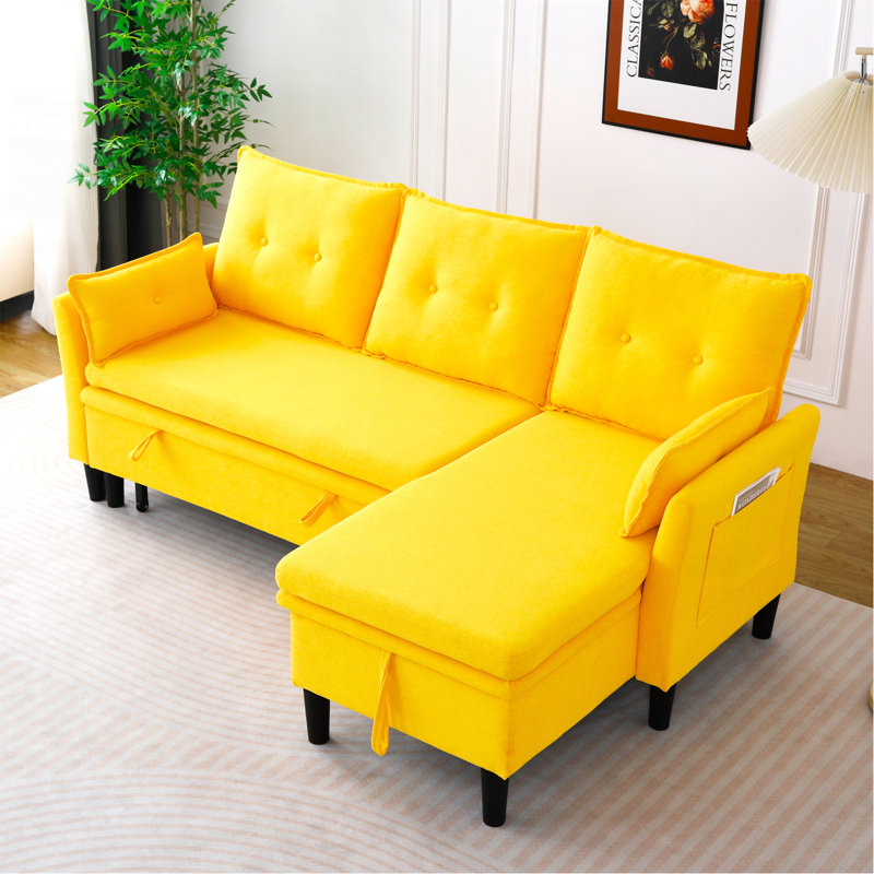 Canapé modulaire en L réversible avec rangement en L - coton, jaune, bureau et appartement, Yellow Polyester