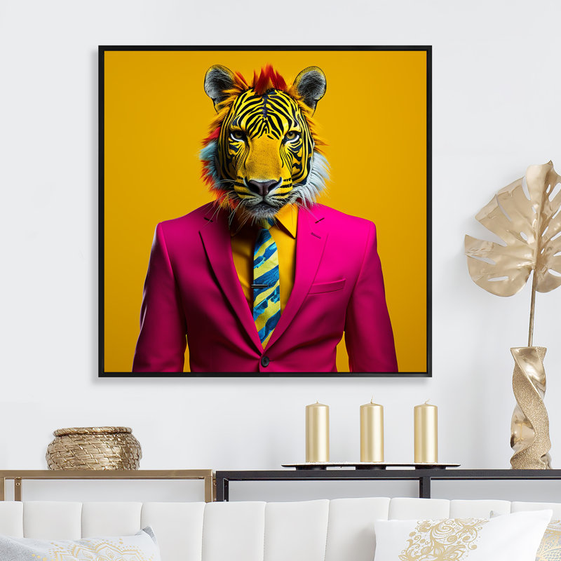 Rose avec tigre - art mural tigre, Cadre flottant noir, H 36 po x l 36 po x P 1,5 po