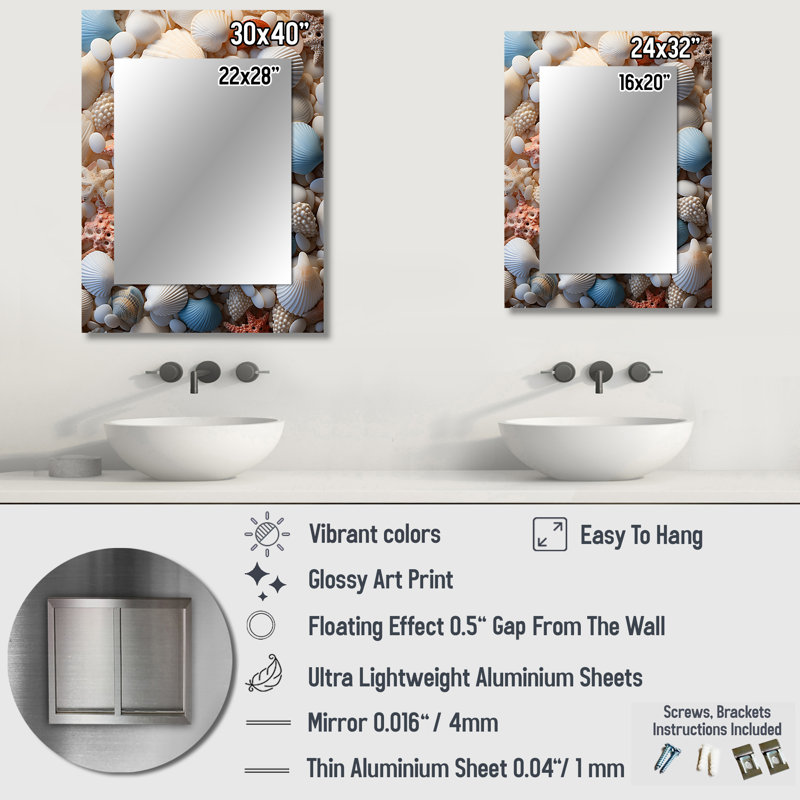 «Beach Photo Seashell Collage II - Coastal Unique Wall Mirror, Beige Mirror, Art en métal imprimé, 40 po x 30 po