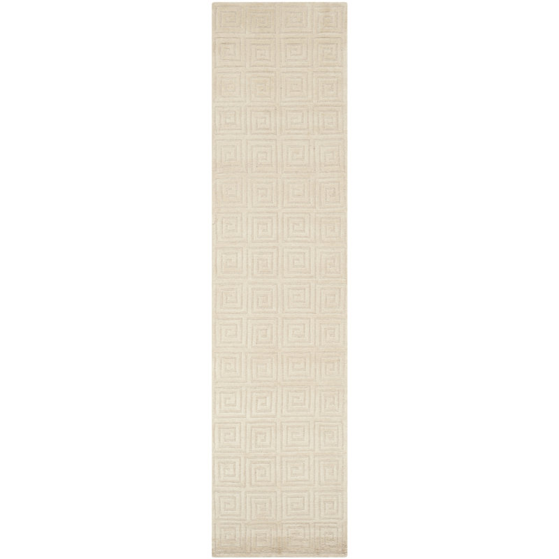 Greek Key Handwoven Wool Creme Area Rug, Runner 2'6" x 10'