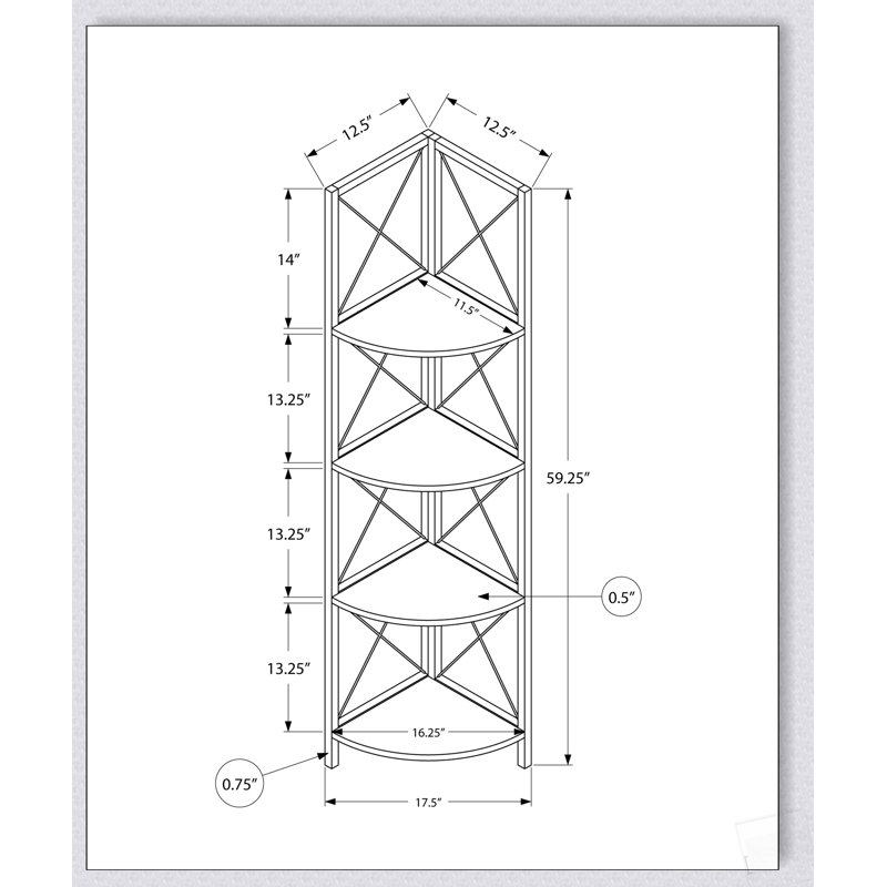 Étagère d'angle moderne à 4 niveaux avec étagères imitation bois gris et structure en métal noir, idéale pour un bureau ou une chambre.