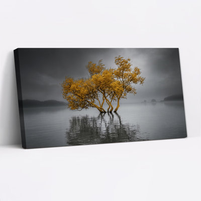 Golden Trees Reflected in Misty Lake Canvas Wall Art