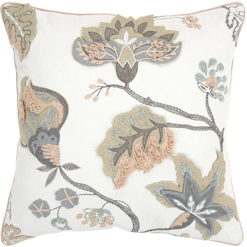 20" White and Tan Jacobean Floral Cotton Throw Pillow With Applique and Embroidery