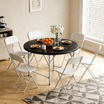 Round Folding Table Bi-Fold Wedding Dining Plastic Table With Carrying Handle For Indoor Outdoor