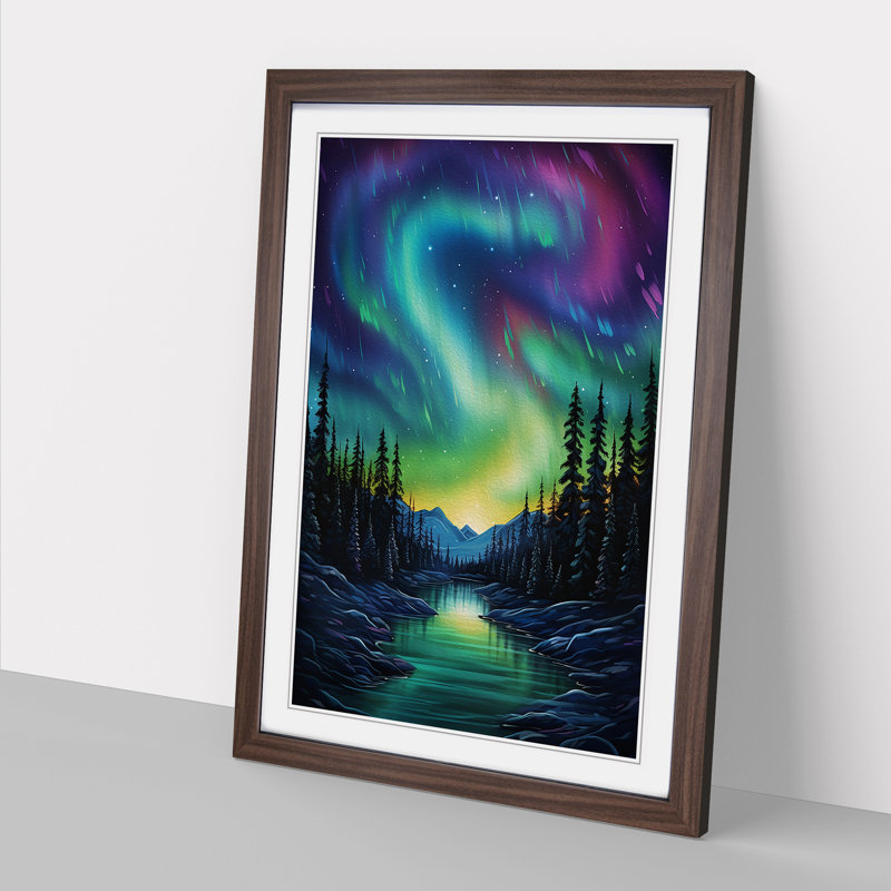 Northern Lights Modern - Single Picture Frame Print on Wood, 64cm H x 46cm W x 2cm D, Walnut