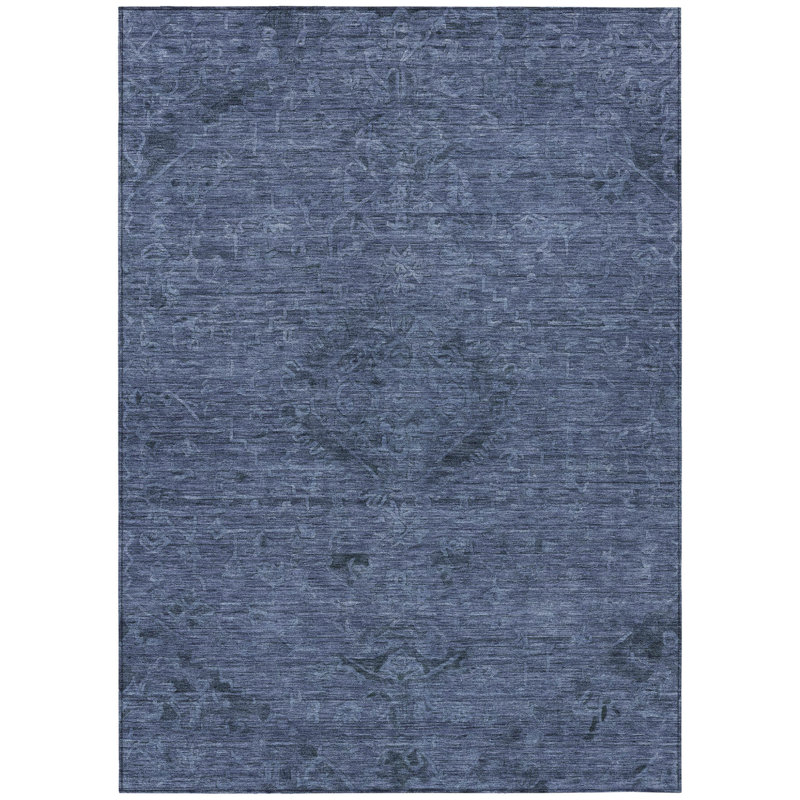 3' X 5' Navy Blue And Charcoal Floral Washable Indoor Outdoor Area Rug
