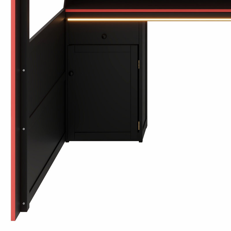 All-in-One Loft Bed with Desk, Lights & Charging Station, Black+Red