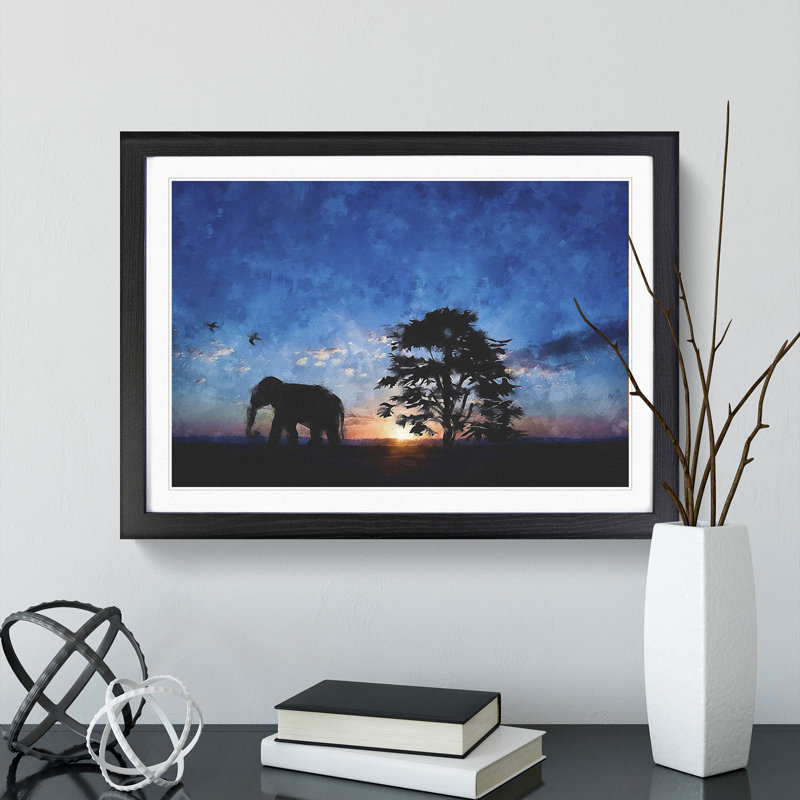 Elephant at Sunset - Framed Print, 27cm H x 36cm W x 2cm D, Black Framed