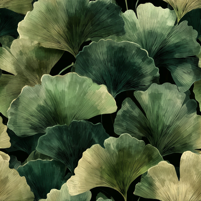 Papier peint botanique foncé avec feuilles de ginkgo et feuillage vert amovible, Non tissé, non collé