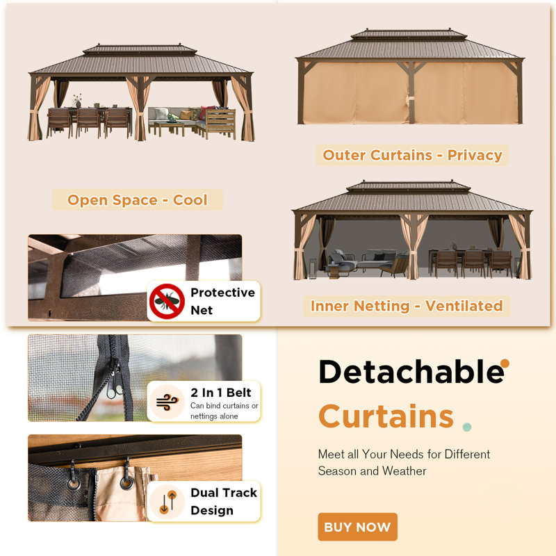 14 Ft. W X 24 Ft. D Pro Series Aluminum Patio Gazebo, Premium Hardtop Gazebo With Galvanized Steel Double Roof, Extra Large Permanent Pavilion With Curtain And Netting For Patio, Lawn, Deck