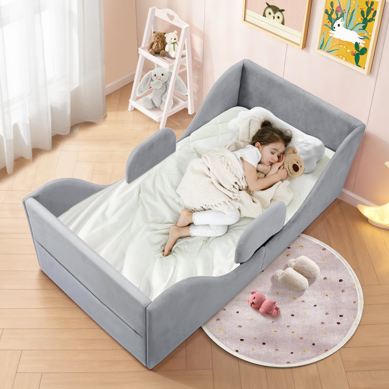 Lit pour tout-petits, lit pour tout-petits - conception basse-terre avec rails de garde amovibles, lit de transition rembourré doux, lit de bébé standard pour les enfants de 1 à 6 ans (gris)
