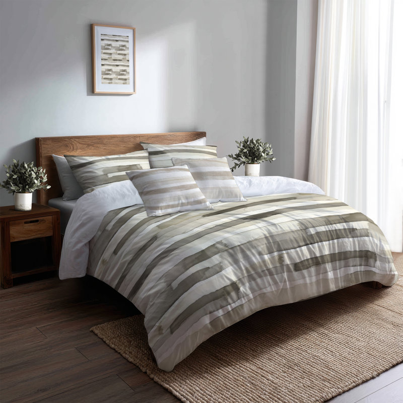 Ensemble de literie à rayures 5 pièces - Ensemble de housse de couette et coussin décoratif moderne gris et beige