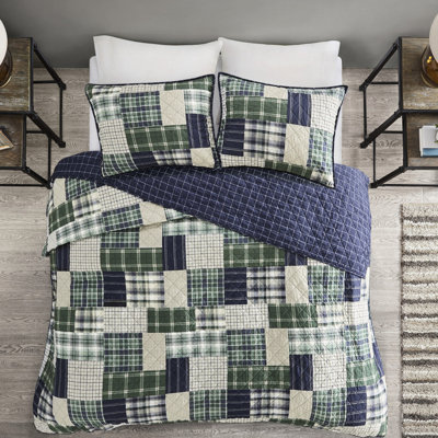 Courtepointe Timber - / marine, réversible 3 pièces, patchwork à carreaux, taies décoratives en coton, literie réversible double / grand lavable bleu marine, et rembourrage à 90%, taies décoratives à fermeture à glissière