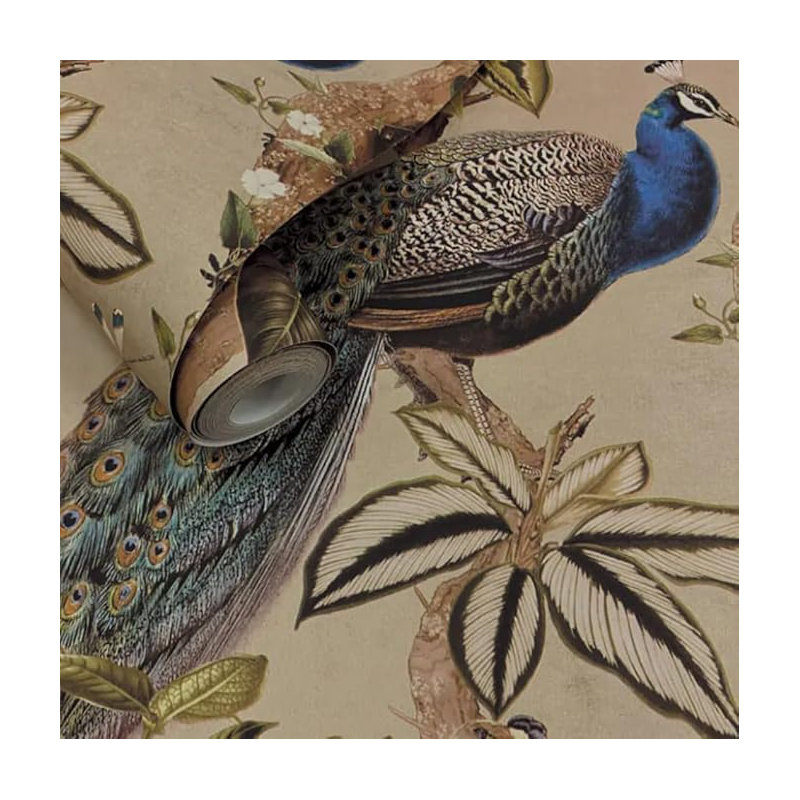 Lancashire Textiles Wallpaper 0.53M X 10.05M Taupe Peacock Design Woods Roll