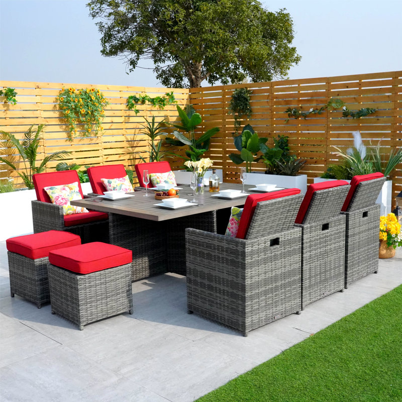 6 - Person Wicker Patio Dining Set with Rectangular Table , Cushions Included, Gray, Red
