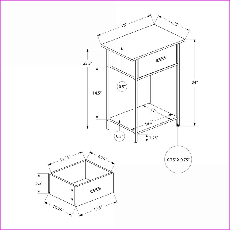 Table basse contemporaine compacte en stratifié de chêne foncé Métal noir, 2 niveaux avec tiroir de rangement pour le salon