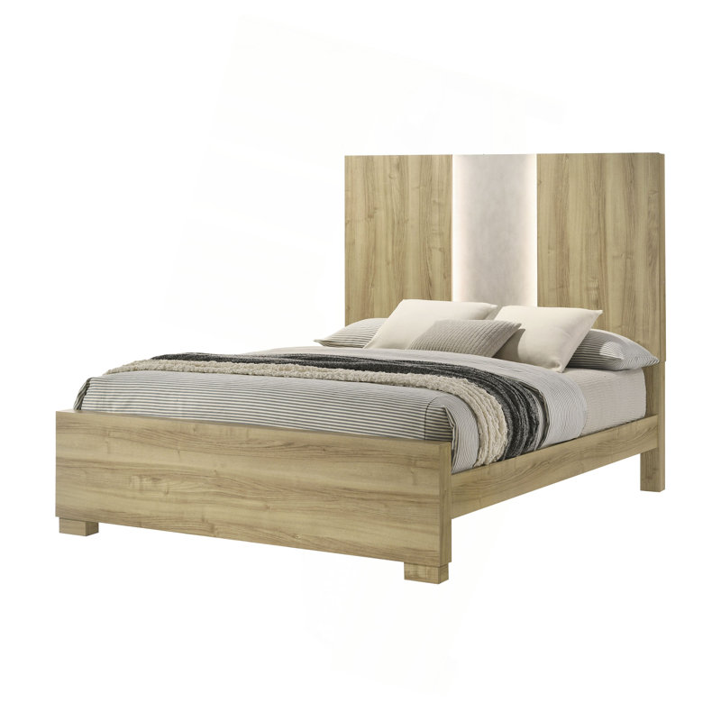 Lit à panneau 1pc contemporain avec éclairage intégré bois flotté, Grand lit