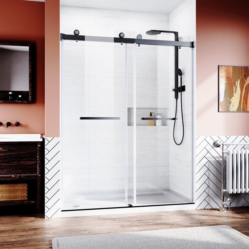 Matte Black Frameless Sliding Shower Door with Clear Tempered Glass