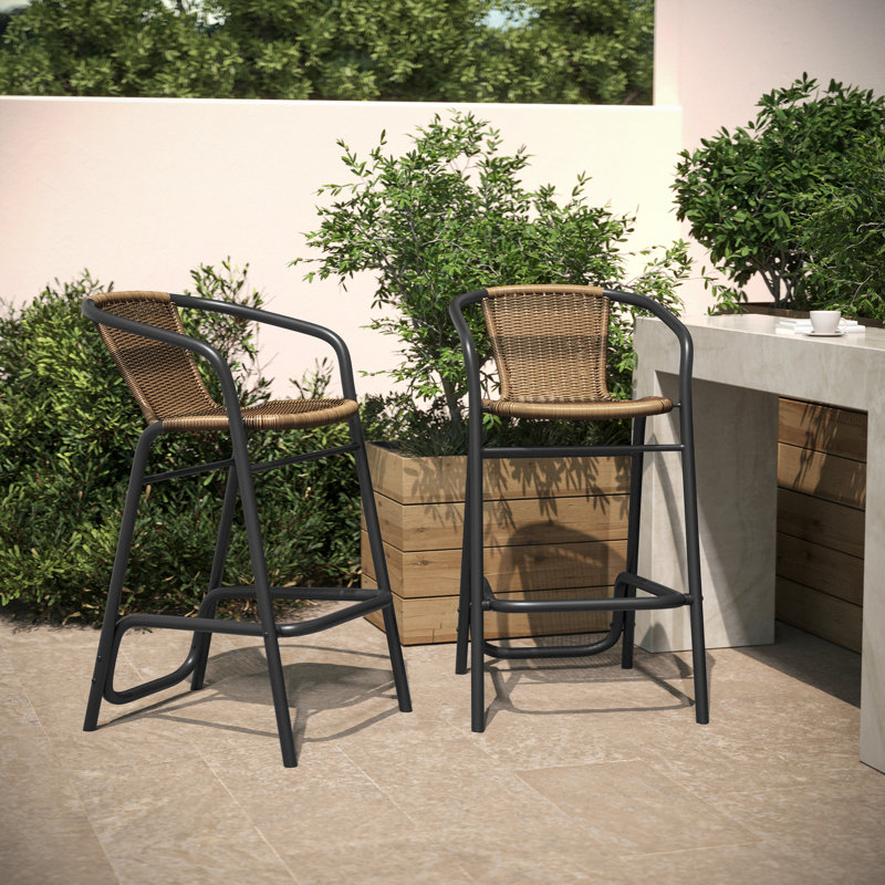 Nannie Commercial Indoor-Outdoor Rattan Restaurant Barstool with Aluminum Frame, Brown