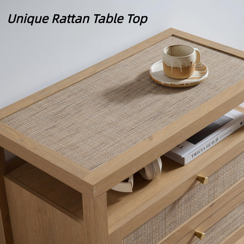 2 - Drawer Natural Oak Rattan Boho Bedside Tables ,Set 2 Large Nightstand with Open Shelving, Natural Oak