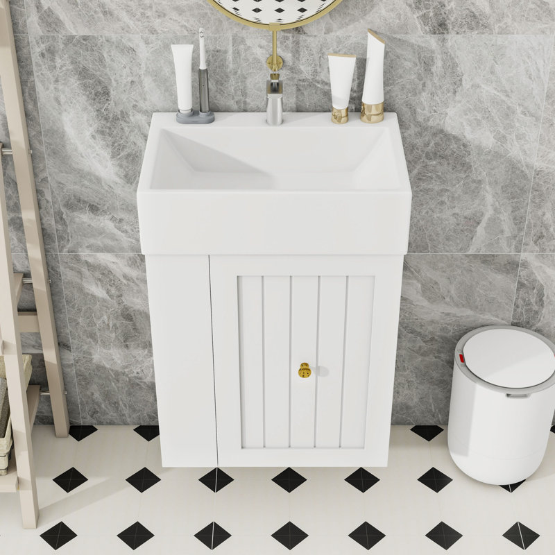 Meuble-lavabo de salle de bain avec lavabo en céramique, tablette latérale et tiroir de rangement, Blanc