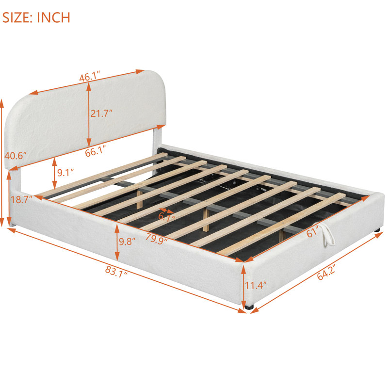 Grand lit avec rangement hydraulique, rembourré en molleton confortable - plateforme de rangement blanche élégante, Grand lit