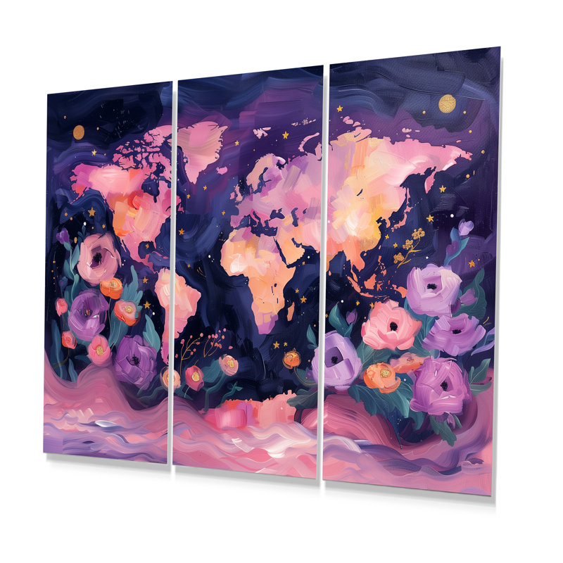 Carte mauve rose du monde Blooms II, Métal métal, H 16 po x l 32 po x P 1 po