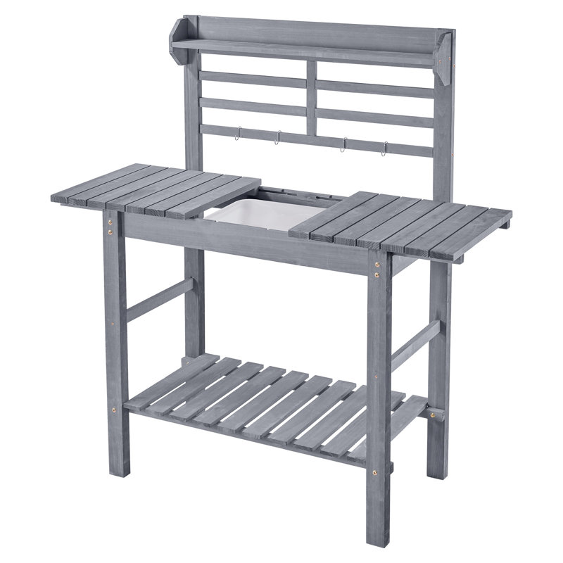 Table de rempotage, poste de travail de jardinage extérieur avec évier, plateau de table réglable en bois de 37 à 55 po, poste de travail de jardin avec tablettes de rangement, crochets pour patio, cour arrière, gris classique