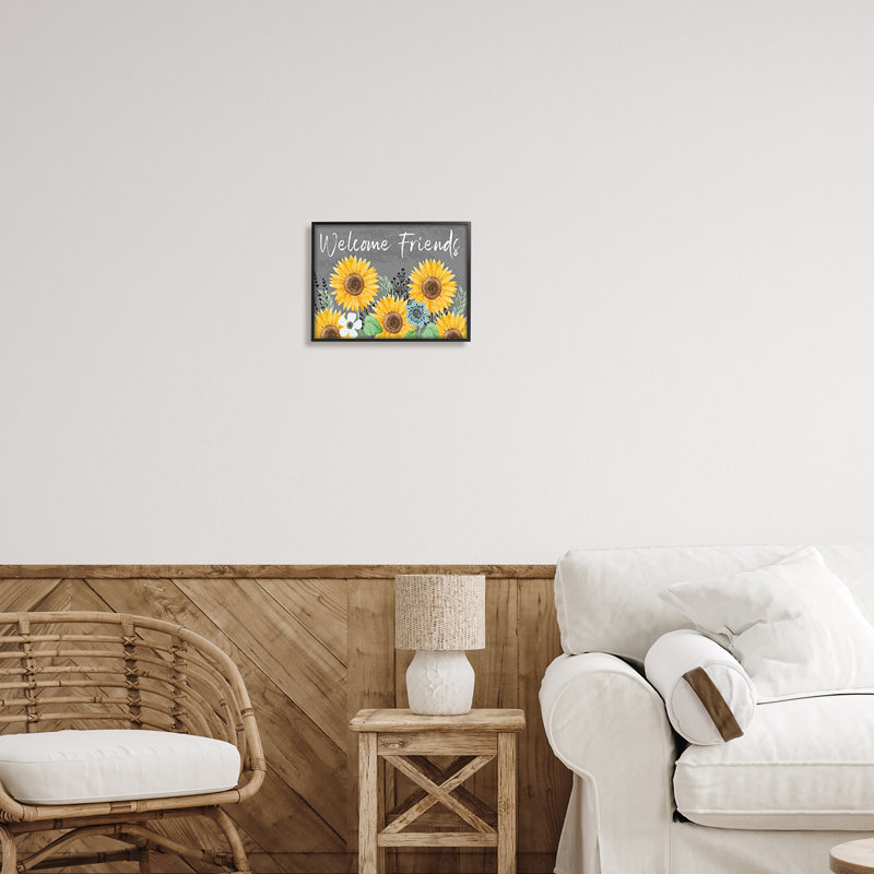 Welcome Friends Garden Florals - Cadre flottant, impression sur bois, Giclée encadrée noir minuit