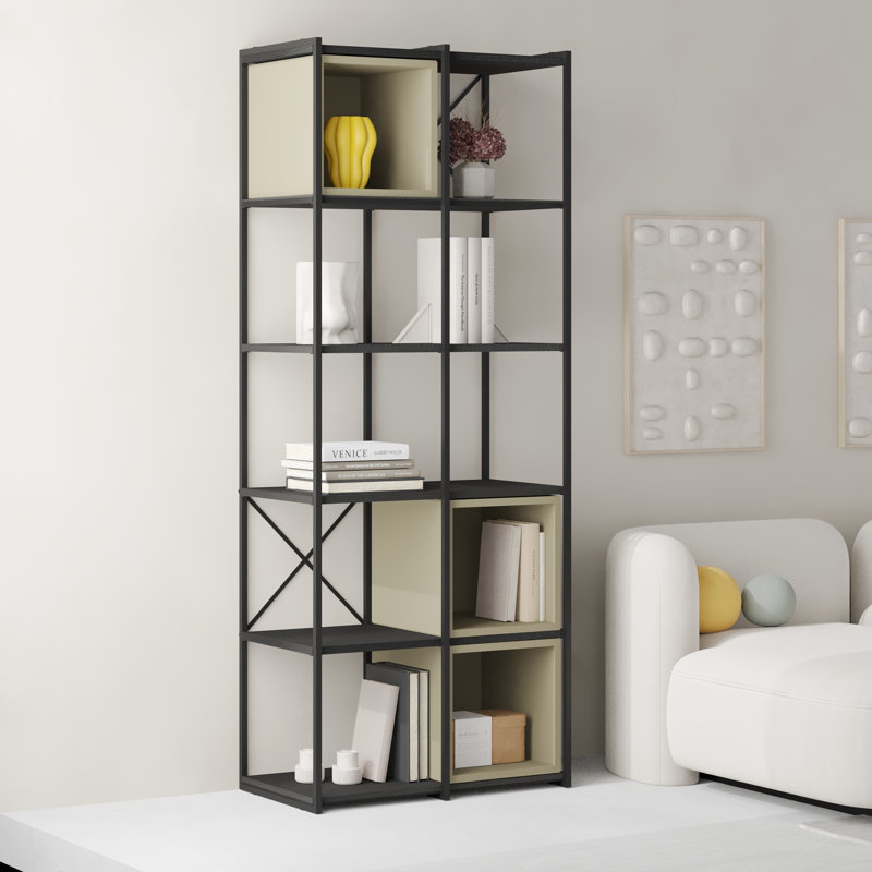 Vale 5-Shelf Display Bookcase with Cross Metal Frame, Black/Ash Green