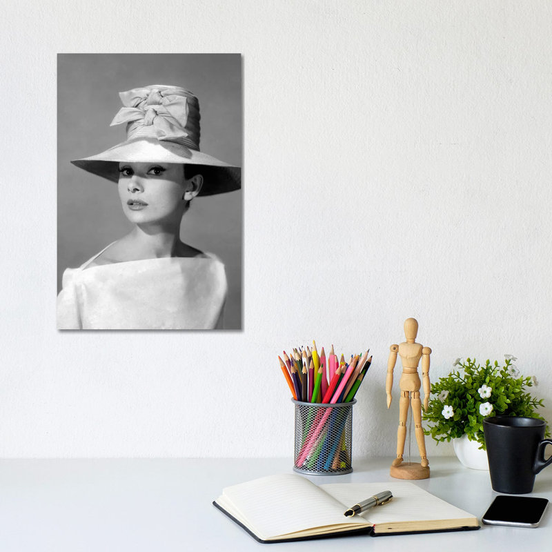 Audrey Hepburn In A Tall Two Bowed Hat by Radio Days - Wrapped Canvas Print, 20.32 cm H x 30.48 cm W