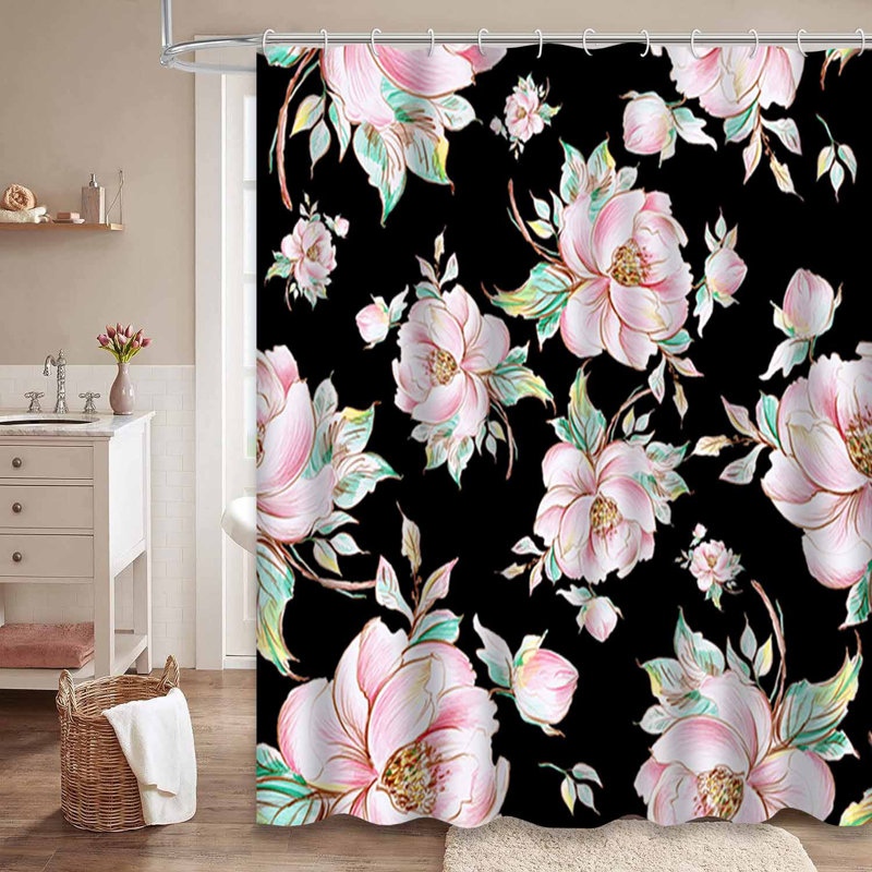 Rideau de douche à motif floral avec 12 crochets, L 72 po x l 84 po