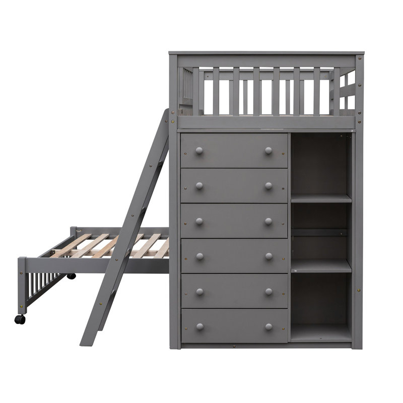 Lit superposé simple en bois au-dessus d'un lit double gris avec rangement à six tiroirs et options de tablettes flexibles, possibilité de montage