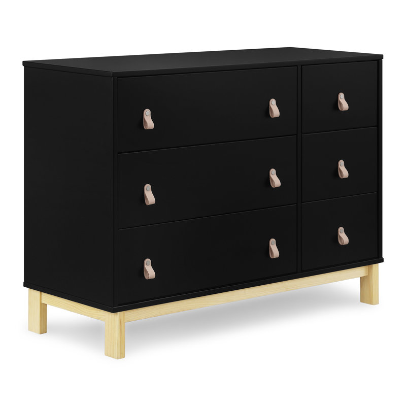 Legacy 6 Drawer Dresser with Leather Pulls and Interlocking Drawers, Black/Natural