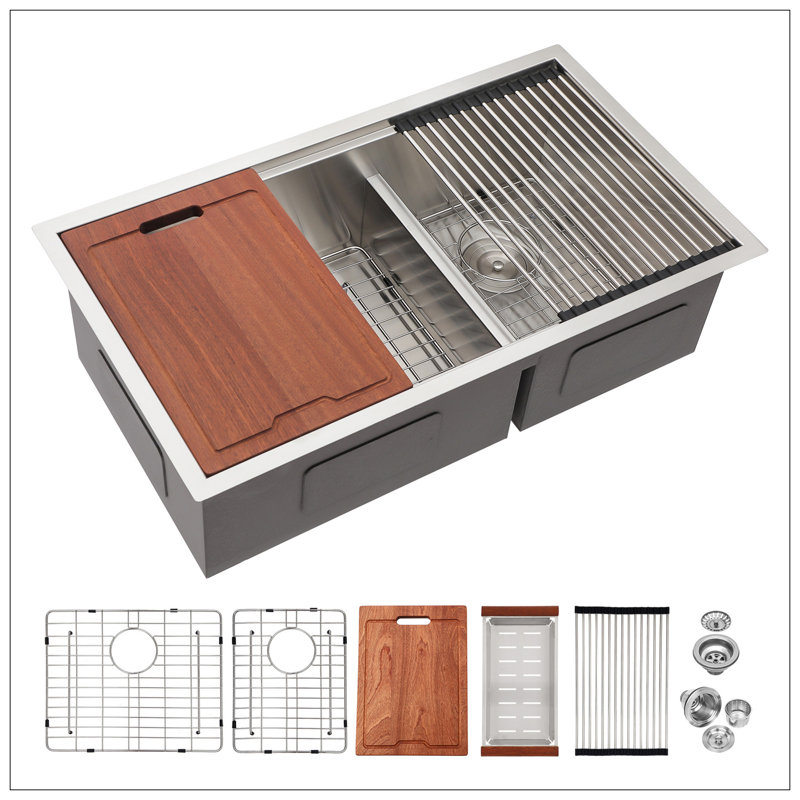 Double Bowl(60/40) Undermount Sink- 33"X19" Double Bowl Kitchen Sink 16 Gauge With Two 10" Deep Basin
