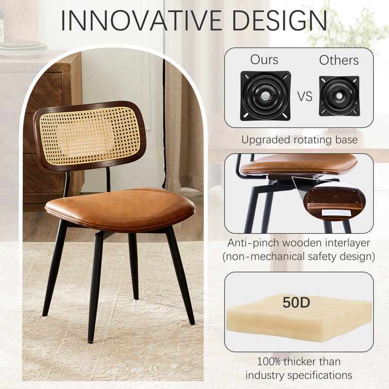 Modern Swivel Faux Leather Dining Chairs With Rattan Back, Brown, 2