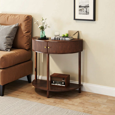 Handcrafted Wave-Pattern Demi-Lune Console Table with Creamy White Finish & Storage - Solid Wood Legs