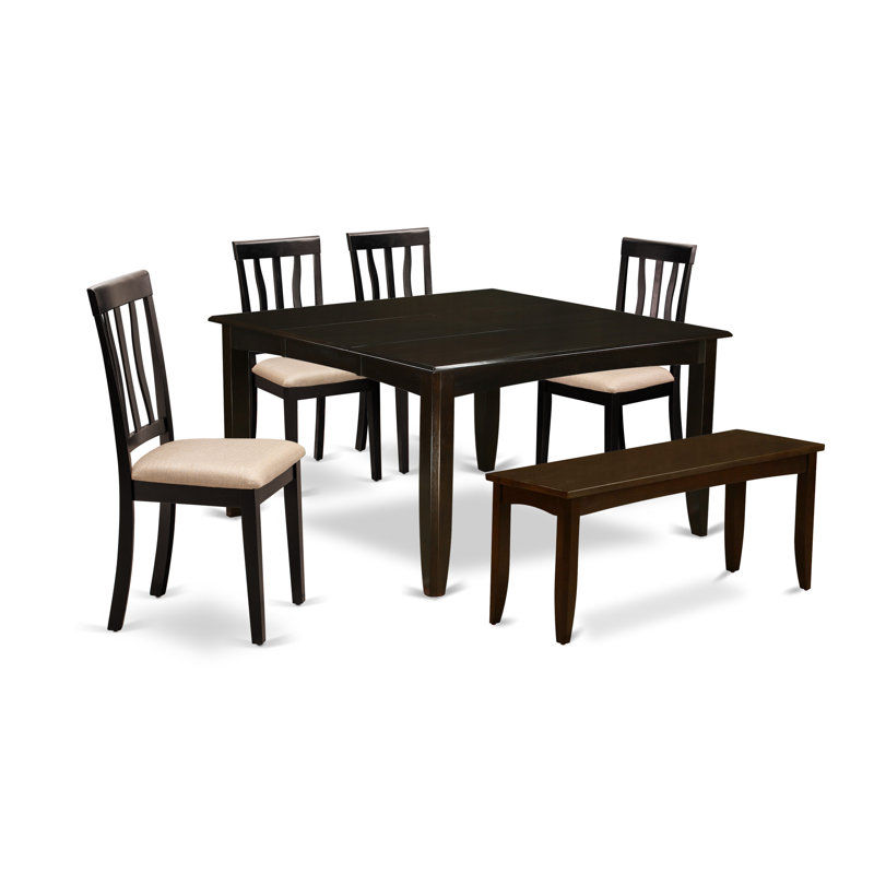 6 Piece Dining Set Contains a Square Dining Room Table with Butterfly Leaf and 4 Linen Fabric Kitchen Chairs with a Bench, Cappuccino