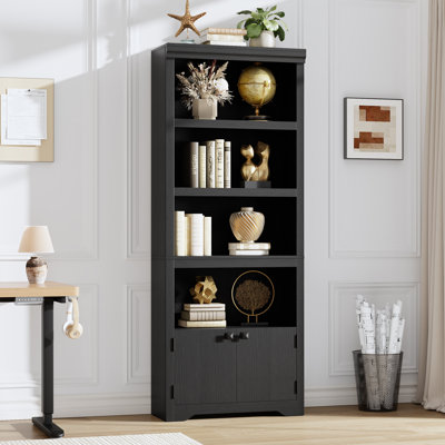 Bibliothèque de style ferme à 5 niveaux et 60 cm de large - Étagère de 175 cm de hauteur avec 2 portes et étagères réglables - Présentoir ouvert avec design antidérapant pour bureau à domicile, balcon, bureau, noir