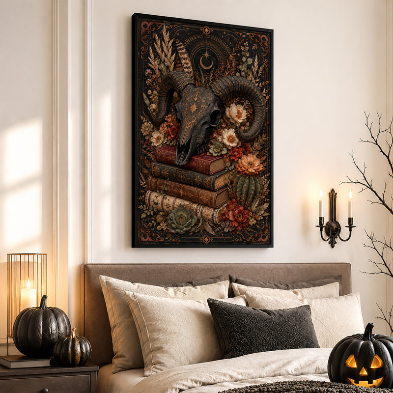 Crâne de bélier noir avec art en toile d'Halloween rétro en filigrane et rétro, H 18 po x l 12 po