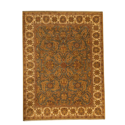 Tapis jaune / vert / brun noué à la main
