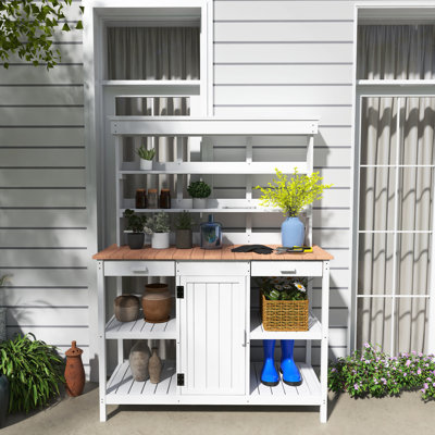 66" H Fir Wood Potting Bench Table With Drawers, Cabinet And Shelves