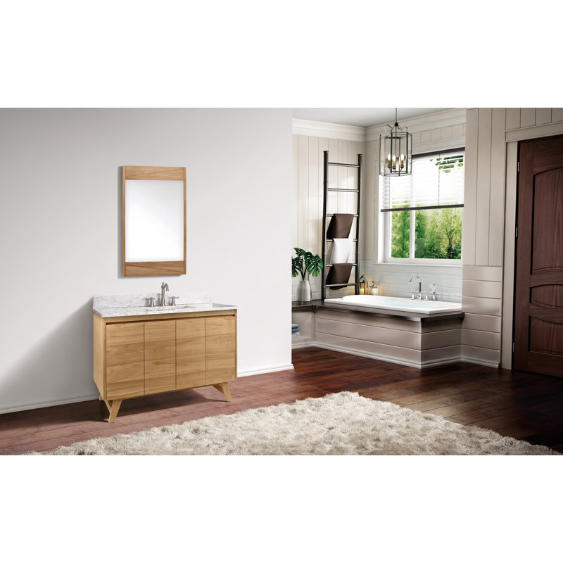 Meuble-lavabo simple 48 po avec plateau en marbre de Carrare Saeko, Teck naturel