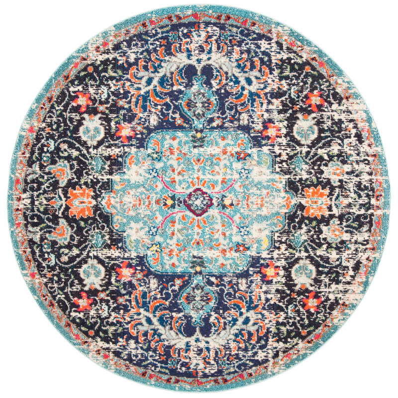Felty Oriental Power Loom Polypropylene Area Rug in Black/Teal, Round 11'