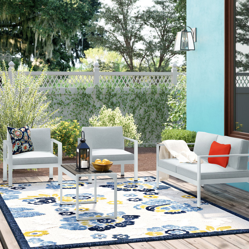 Karen 4-Piece Outdoor Aluminum Sofa Seating Group with Cushions – Modern Patio Conversation Set- Weather-Resistant Aluminum Frame & Plush Cushions - Low Maintenance Aluminum Patio Furniture Set