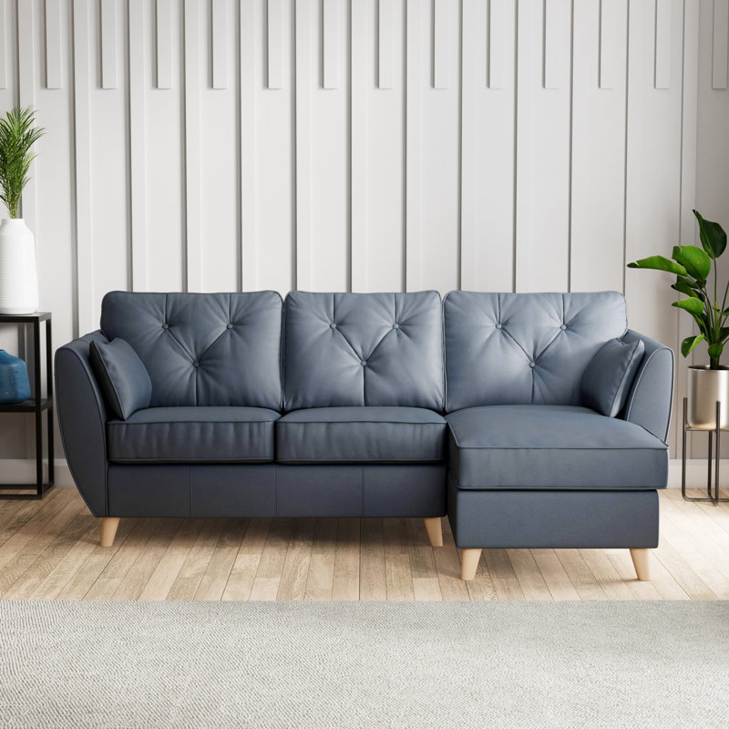 Hoxton 3 Seater Leather Maxi Sofa Chaise, Right Hand Facing, Navy, Light Wood