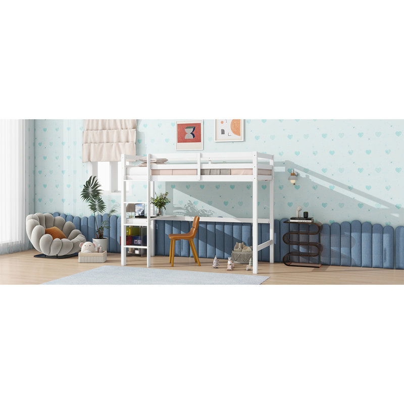 Twin High Loft Bed, Rubber Wood  Loft Bed With Safety Guardrail, Built-In Desk, Ladder,White, White