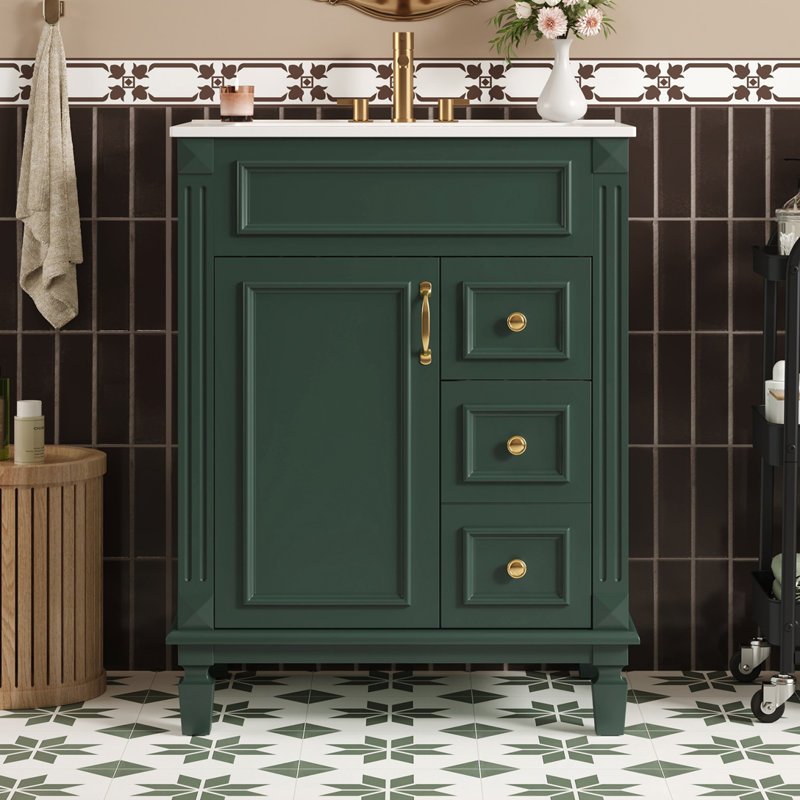 Meuble-lavabo avec lavabo en céramique, armoire avec 2 tiroirs et tablette réglable, Vert