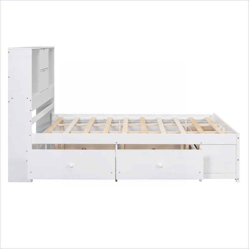 Grand lit plateforme avec rangement en bois massif de style minimaliste avec 8 tiroirs intégrés, blanc éclatant