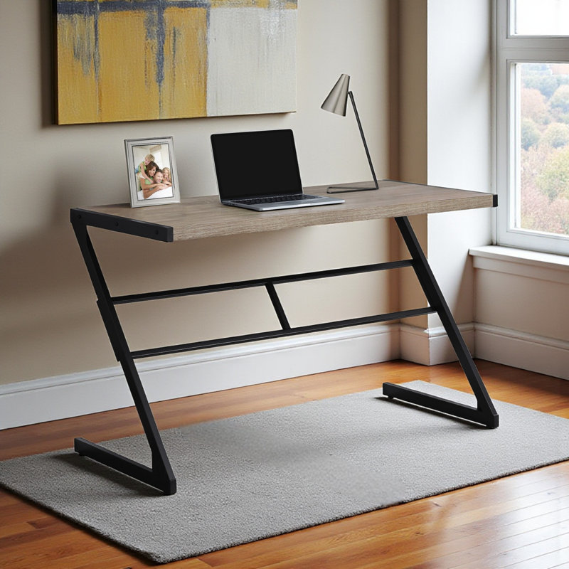 Dark Modern Z-Shaped Metal Legs Computer Desk with Brown Finish, 29.79" H X 47.81" W X 21.85" D